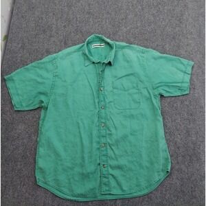 Fenn Wright Manson Shirt Mens Large Green Linen Vintage Short Sleeve Button Up